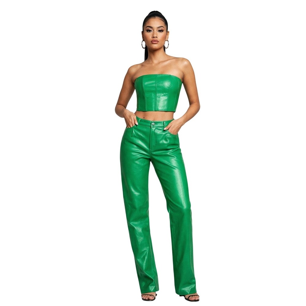 ZARA Green Faux Leather Set Strapless Crop Corset Top Pants Sz S Festival Rave